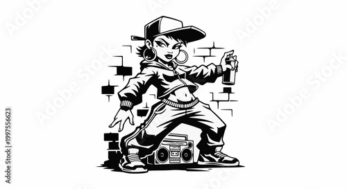 Cartoon graffiti artist with spray can and boombox in front of brick wall