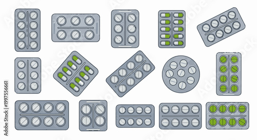 Collection of various medication blister packs containing pills and capsules