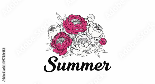 Bouquet of pink and white peonies with the word summer below