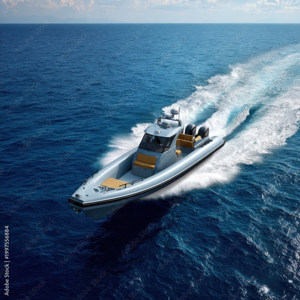 Fototapeta premium A sleek gray motorboat speeding across the vast expanse of the ocean