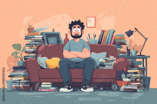 Stressed man sitting on a messy sofa