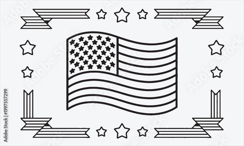 American Flag Coloring Book Page Outline Line Art icon set Design Vector illustration