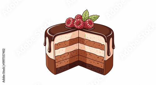 Delicious multi-layered chocolate cake with cream, raspberries, and mint leaves