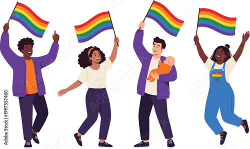 LGBTQ+ Pride Celebration Icon Set Featuring Diverse Individuals Holding Rainbow Flags for Inclusivity and Equality Designs