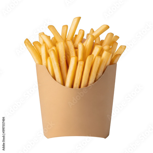 Crispy golden french fries in a paper container