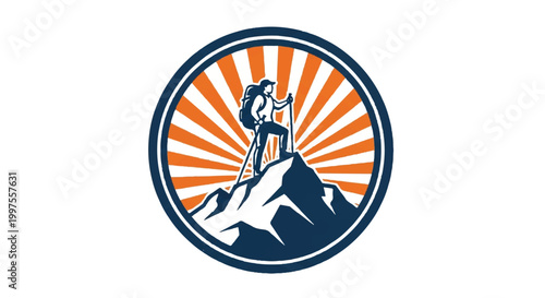 Hiker reaching mountain peak symbol illustration