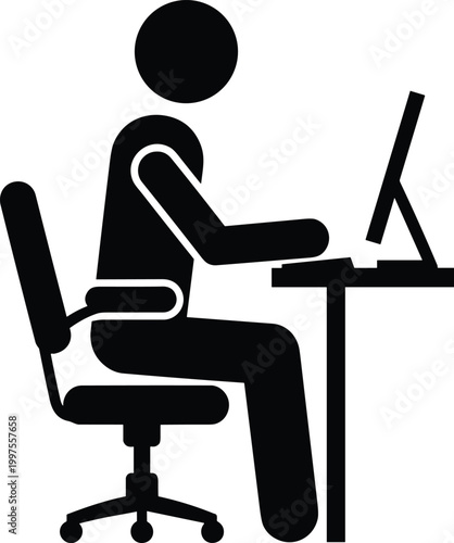 Minimalist Icon of a Person Sitting at a Desk Using a Computer for Office Work or Remote Job