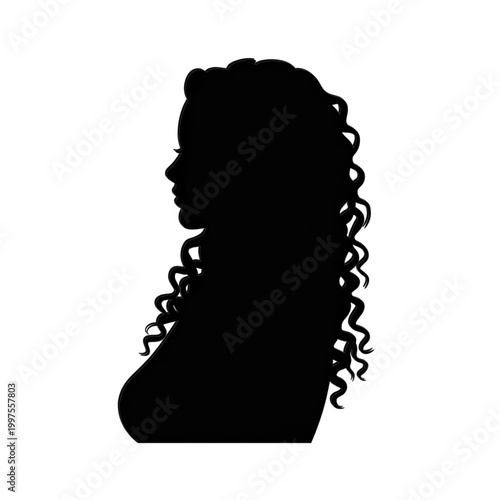 Beautiful woman head profile with long curly hair silhouette vector illustration, female portrait isolated on white