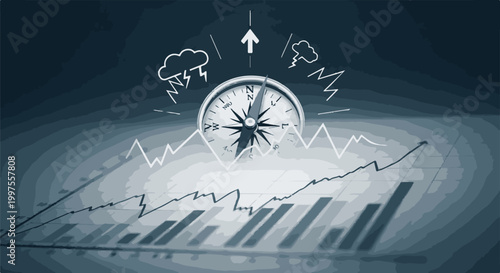 Compass and graphs symbolizing financial growth amid uncertainty and challenges
