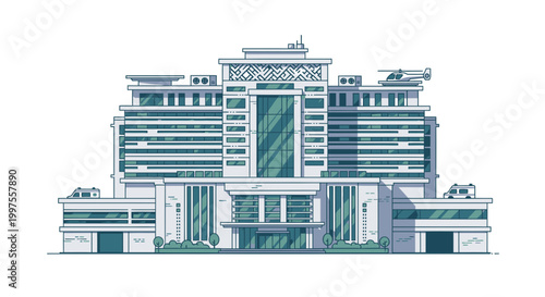 Modern Corporate Building Facade with Helipad and Parking