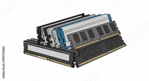Computer memory modules stacked in a row