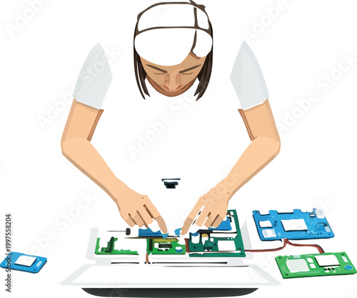 Technician repairs the internal components of a portable laptop computer device.