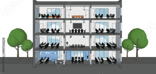 Modern Corporate Office Building Interior Cutaway with Open Workspace, Meeting Rooms, Conference Areas and Reception Lobby Vector Illustration