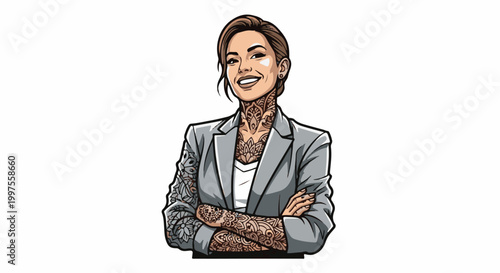 Confident woman with elaborate tattoos and a sharp suit