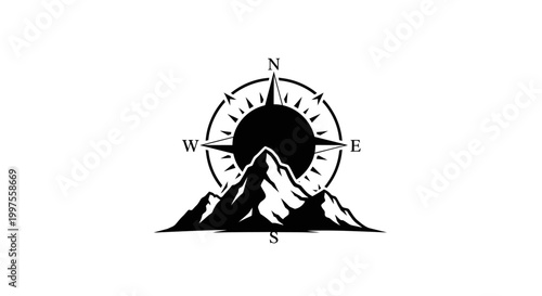 Black compass mountain landscape silhouette graphic.