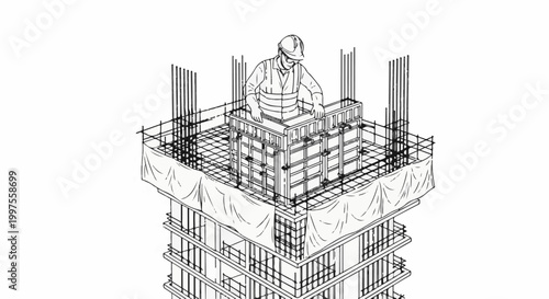 Construction worker assembling formwork for concrete column