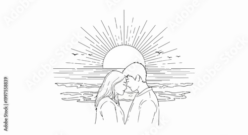 Couple embracing by the sea at sunset with seagulls overhead