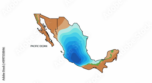 Contour map of Mexico showing elevation or depth gradients