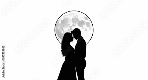 Couple embracing in silhouette against a large, detailed moon