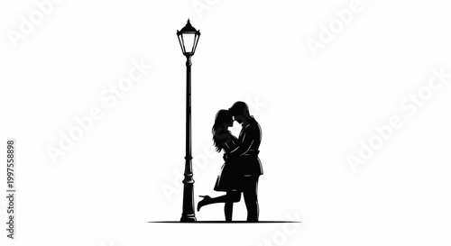 Couple embracing under a lamppost in silhouette