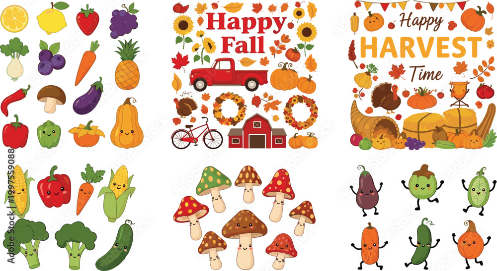 Naklejka premium Happy Fall and Harvest time vector set featuring cute cartoon vegetables with faces, autumn leaves, pumpkins, red truck, barn, and mushrooms for Thanksgiving and seasonal festival designs.