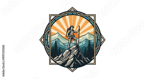 Hiker standing atop mountain peak outdoor adventure illustration