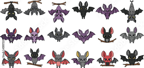 Cute cartoon bat character vector set featuring various colors and poses like flying, hanging, and perched for Halloween decorations, spooky stickers, and children's nocturnal animal illustrations.