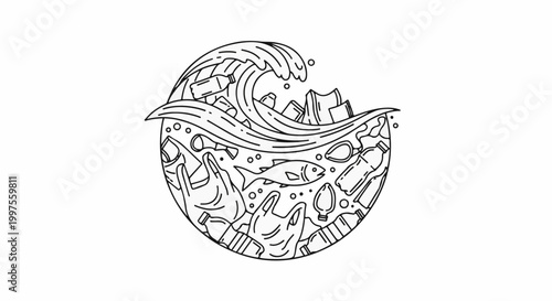Circular wave with fish and plastic pollution