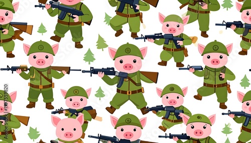 Seamless pattern of cartoon pigs dressed as soldiers with rifles, on a white background with scattered fir trees