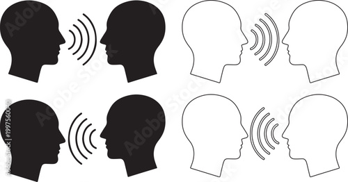 Communication silhouette four panels depicting people talking and sharing information