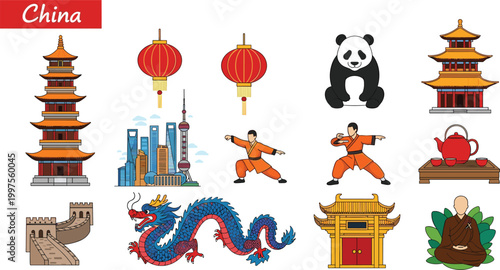 Illustration of Iconic Chinese Landmarks, Culture, and Symbols Including the Great Wall, Panda, Dragon, and Traditional Tea"