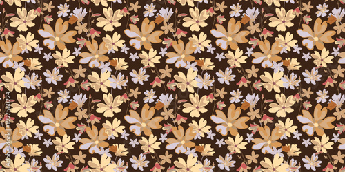 Seamless floral pattern with flowers on dark brown background