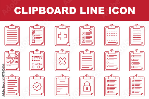 Legal documents icon set. Vector illustration. Clipboard Line Icon Set, Minimal Vector Outline Documents for Medical Patient Records, Business Checklists, Survey Forms, and Secure Data App UI Design.