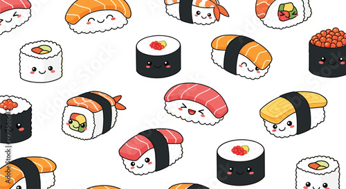Cute sushi pattern with smiling sushi rolls and nigiri cartoon vector illustration seamless background featuring kawaii Japanese food characters and playful design