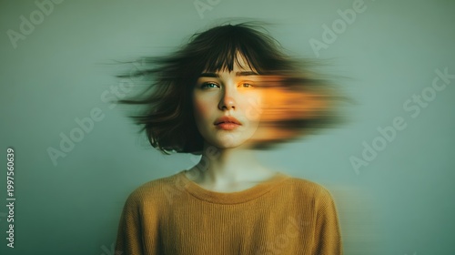 Artistic Motion Blur Portrait of Young Woman with Short Hair and Vibrant Lighting