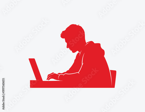 Red silhouette of a man working on a laptop Vector, EPS