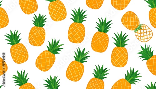 Seamless pattern of stylized pineapples with green leaves, scattered on a white background, creating a tropical feel