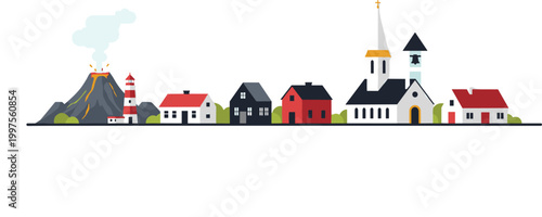Small town landscape with volcano lighthouse church and houses flat vector illustration showing rural village skyline with simple buildings and nature elements