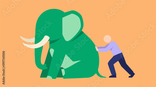Man pushing a large green elephant, depicting effort and challenge
