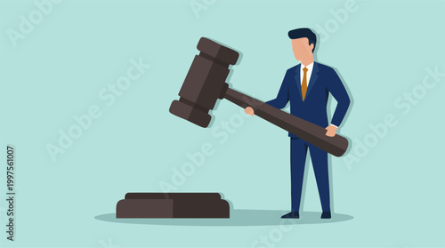 Businessman in suit holding giant gavel, symbolizing law and justice