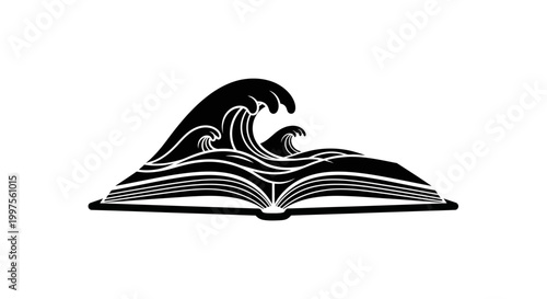 Black and white illustration of wave emerging from open book.