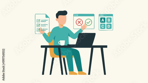 Man completing online forms, surveys, and tasks using a laptop illustration