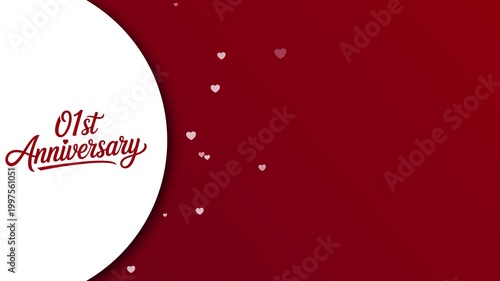01st Anniversary Animation Video with Red Background, Floating Hearts, and Copy Space