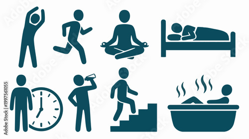Health and Wellness Icons: Exercise, Relaxation, Sleep, and Daily Routine