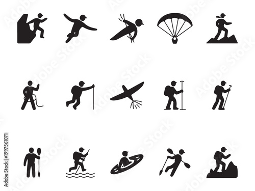 Extreme Sports and Outdoor Adventure Silhouette Icon Set - Action Sports Vector Symbols