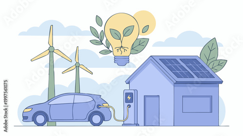 Tableau sur toile Sustainable energy: EV, solar home, and wind power concept illustration