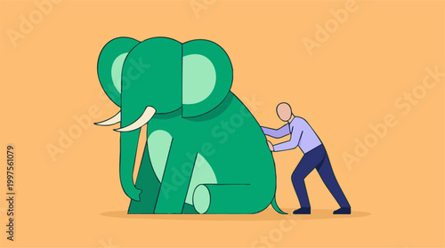 Man pushing a large green elephant, symbolizing effort and overcoming challenges