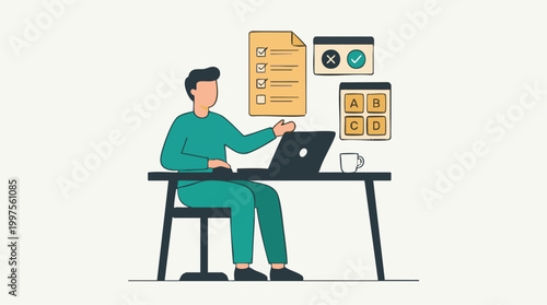 Man working or studying online, managing tasks and making choices illustration