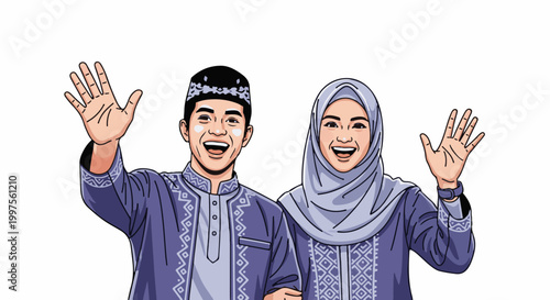 Cheerful couple in traditional attire waving hello