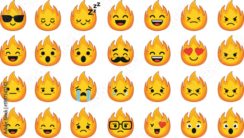 Fire emoji faces collection with different emotions including happy sad angry love cool and surprised expressions cartoon vector illustration set